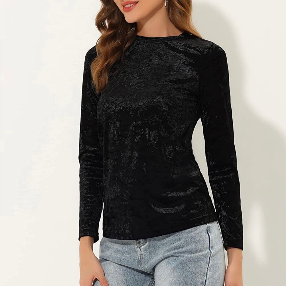 Women's Casual Round Neck Tops Stretchy Long Sleeve Velvet Blouse